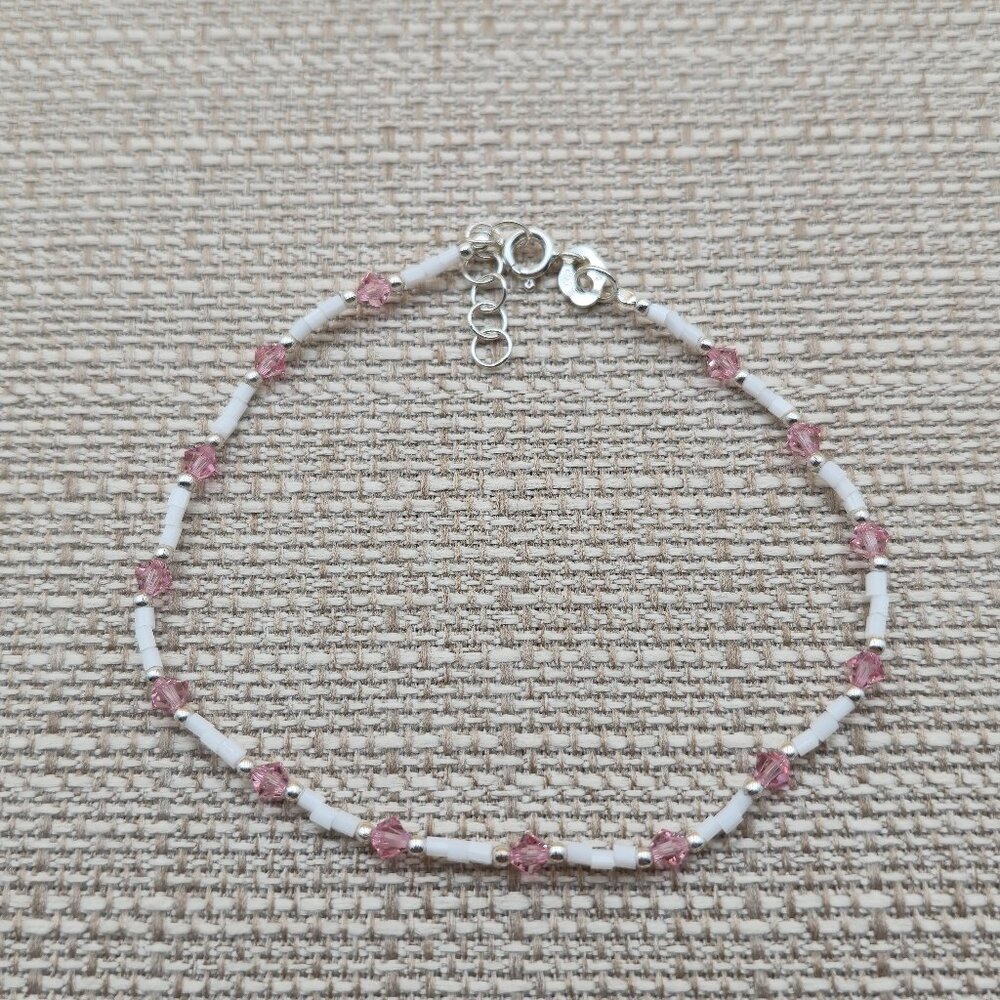 9+1 Inch Sterling Silver Crystal And Beaded White Pink Bracelet B561